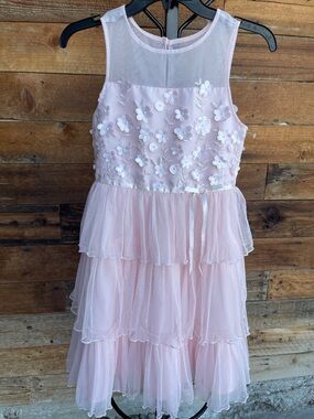Jona Michelle Pale Pink Floral Appliqué Tiered Tulle Dress